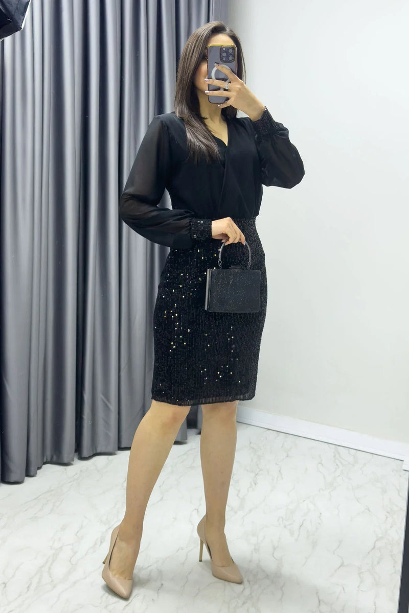 Women's Black Wrap Neck Sequin Evening Gown