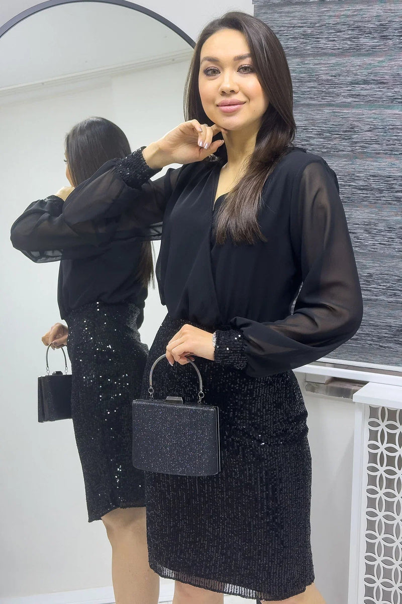 Women's Black Wrap Neck Sequin Evening Gown