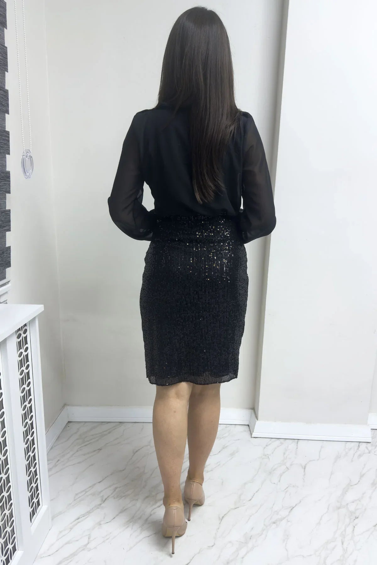 Women's Black Wrap Neck Sequin Evening Gown