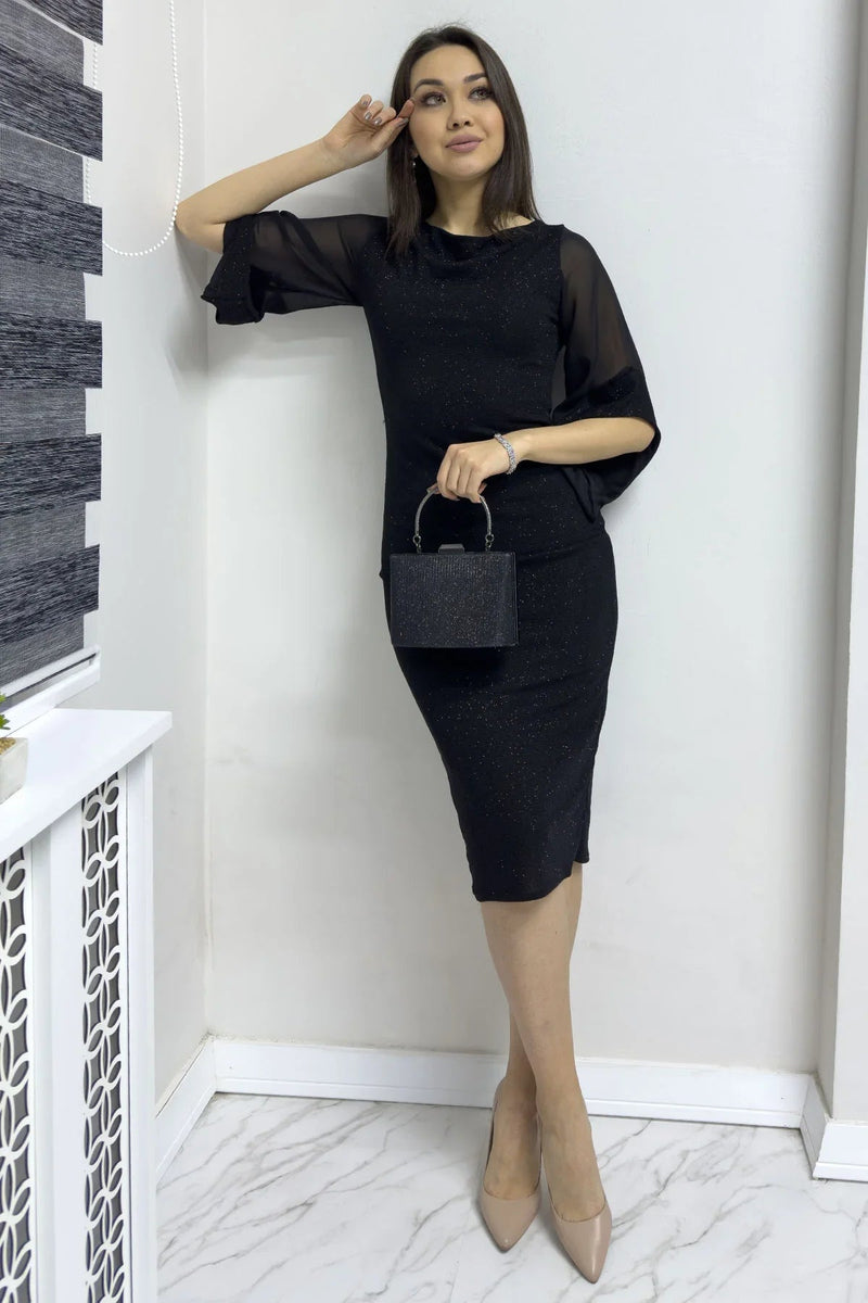 Women's Black Plus Size Sleeveu Chiffon Glitter Midi Evening Gown