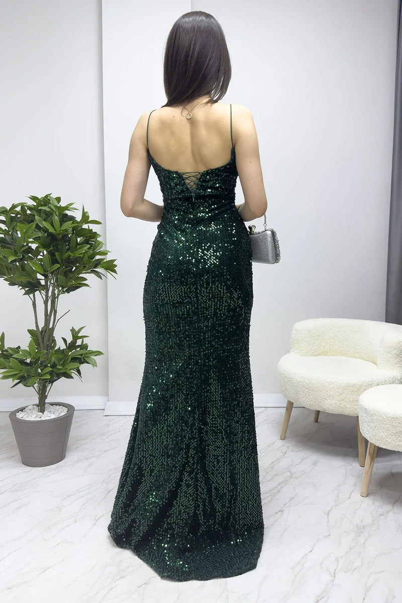 Women's Emerald Green Spaghetti Strap Sırt Dekolte İp Tie Sequin Tasarım Train Evening Gown