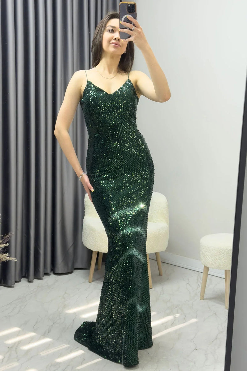 Women's Emerald Green Spaghetti Strap Sırt Dekolte İp Tie Sequin Tasarım Train Evening Gown