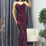 Burgundy Sequin Maxi Evening Dress