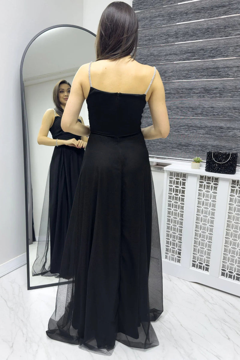 Women's Black Taş Strap Ayarlanabilir Slit Plus Size Evening Gown
