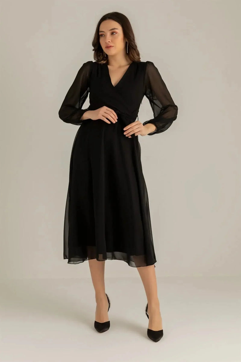 Women's Black Balloon Sleeve Wrap Midi Chiffon Dress