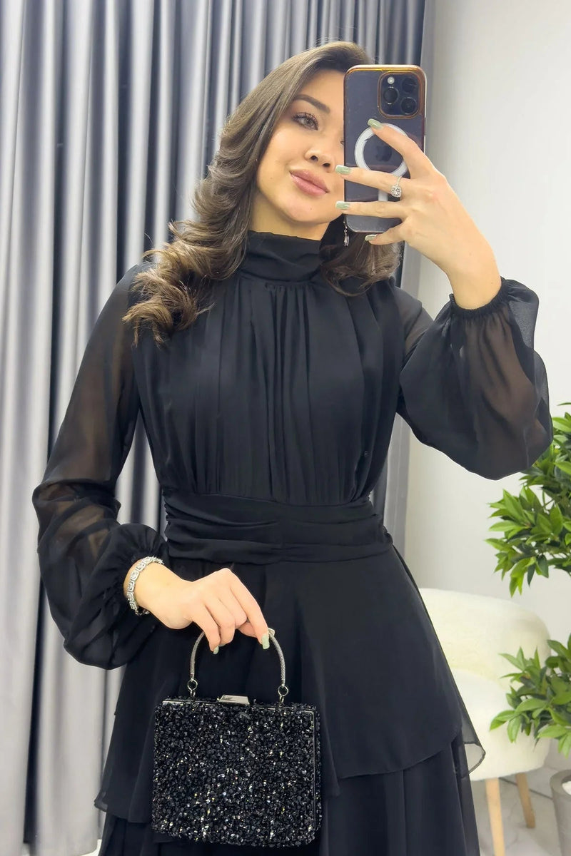 Women's Black High Neck Draped Detail Layered Maxi Chiffon Dress - the ZKS
