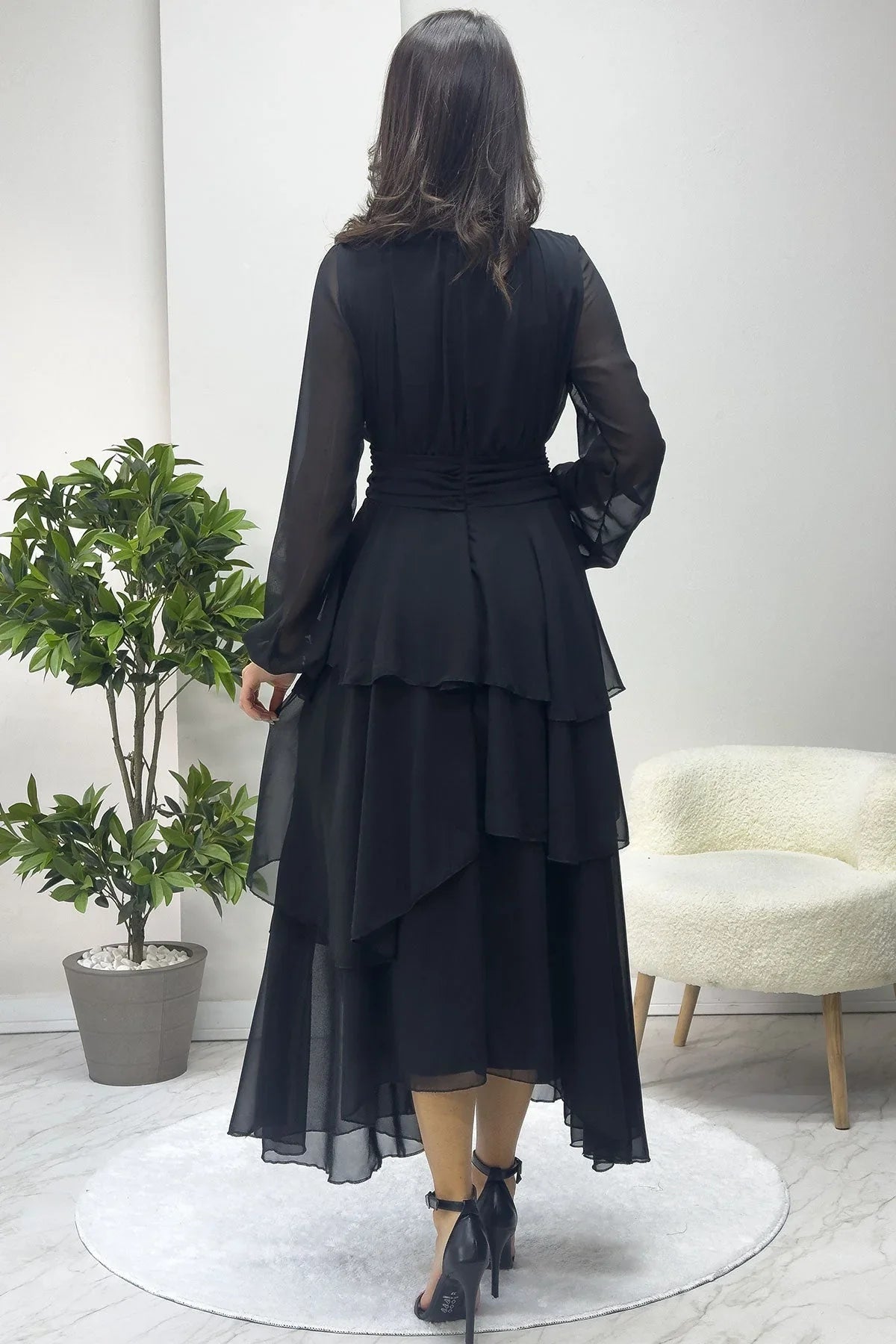 Women's Black High Neck Draped Detail Layered Maxi Chiffon Dress - the ZKS