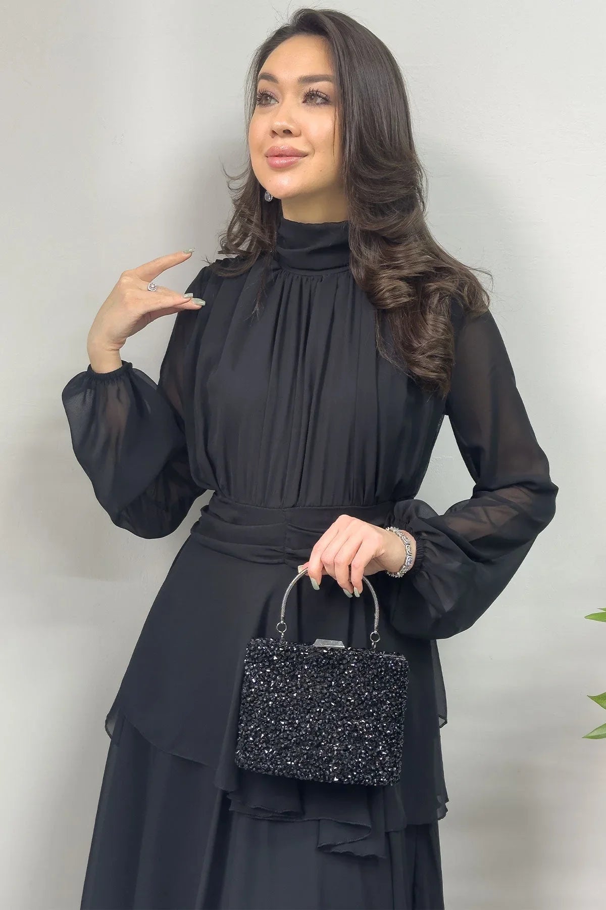 Women's Black High Neck Draped Detail Layered Maxi Chiffon Dress - the ZKS