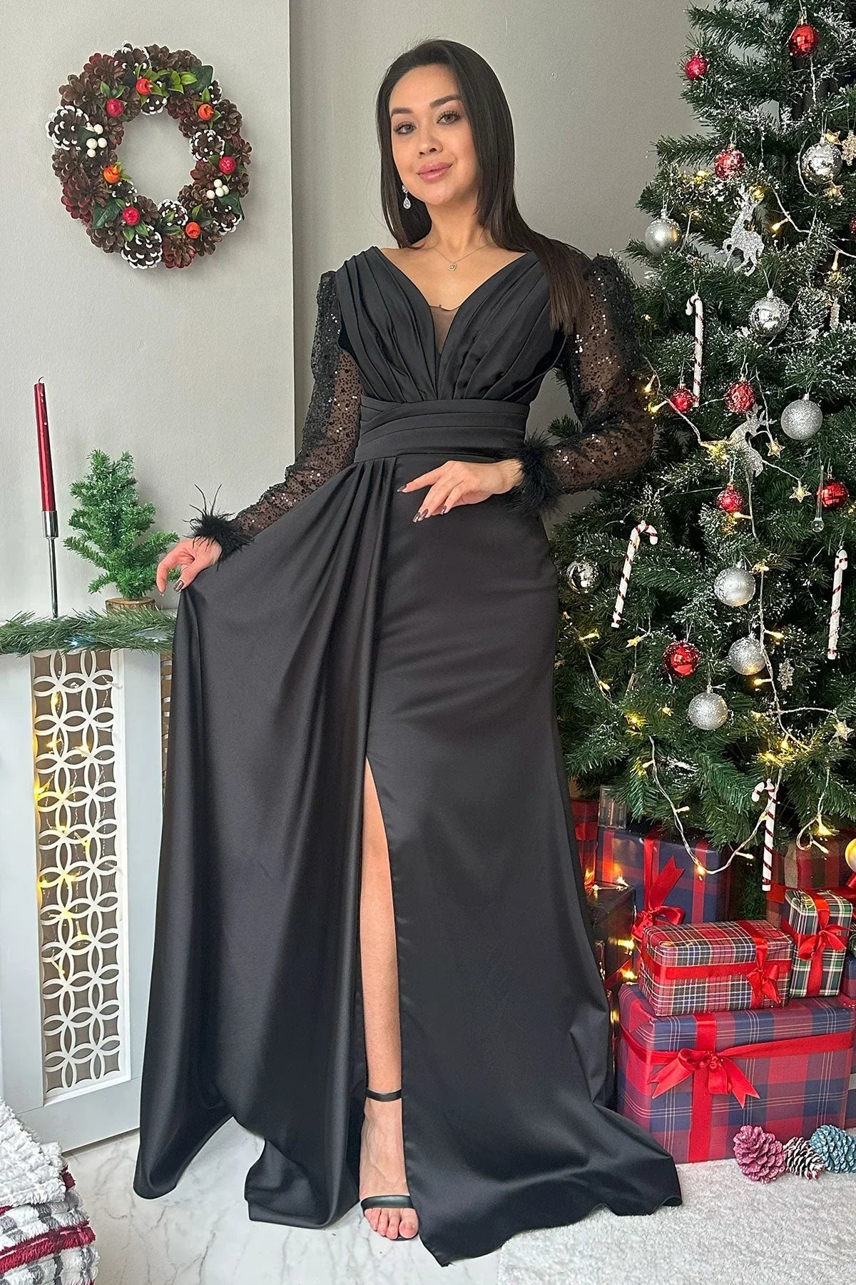 Women's Black Draped Satin Train Plus Size Evening Gown - the ZKS