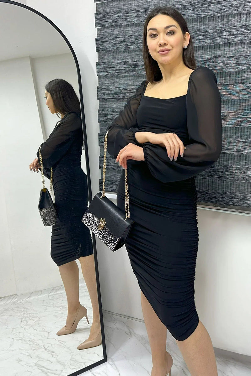 Women's Black Square Neck Draped Dress