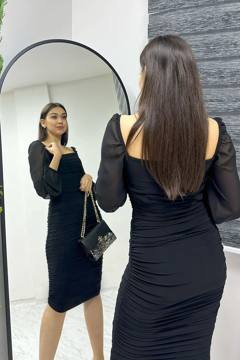 Women's Black Square Neck Draped Dress