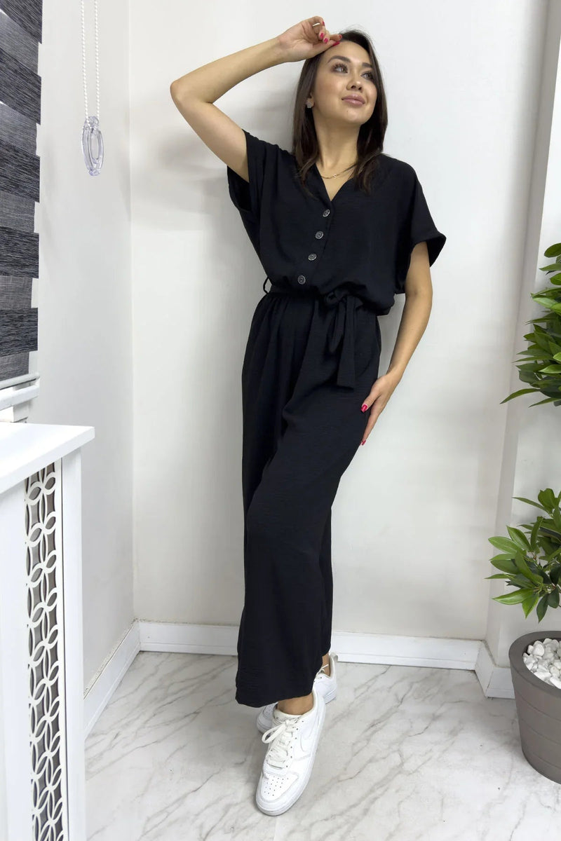 Women's Black Bol Paça Belted Jumpsuit