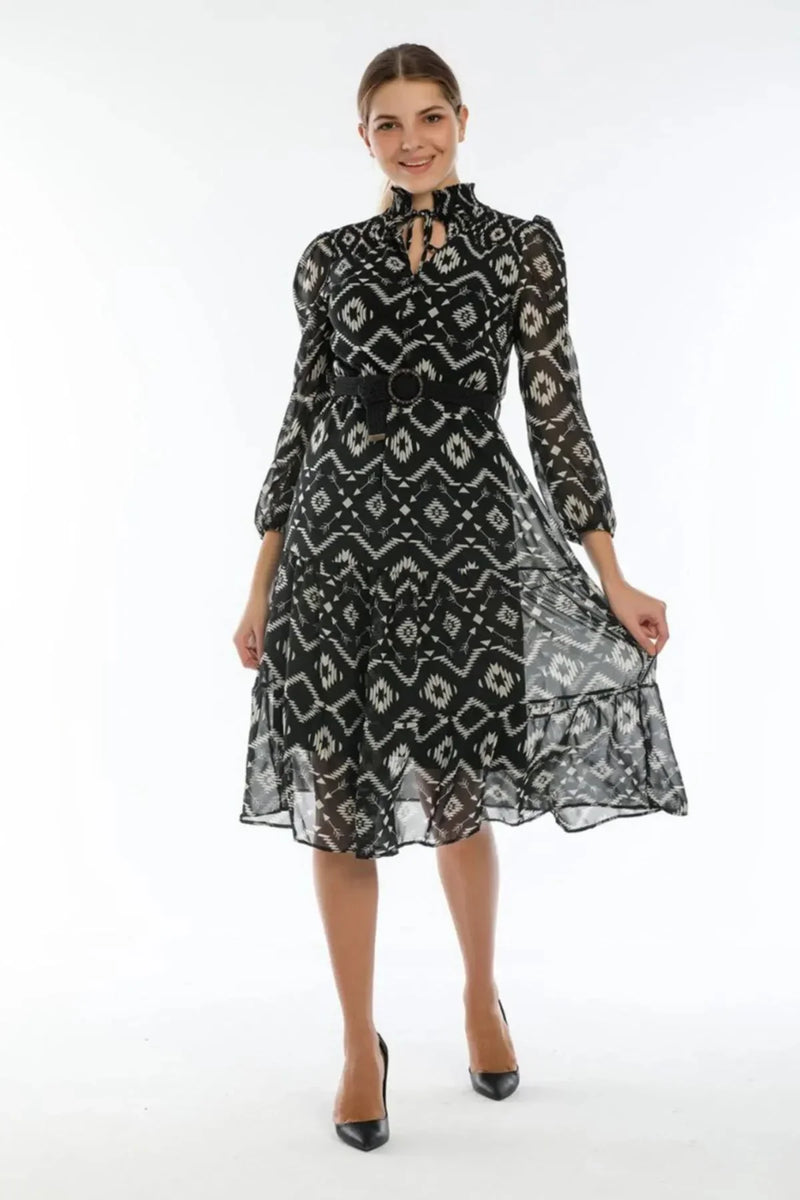 Women's Black Ethnic Print Neck Tie Belted Plus Size Chiffon Dress