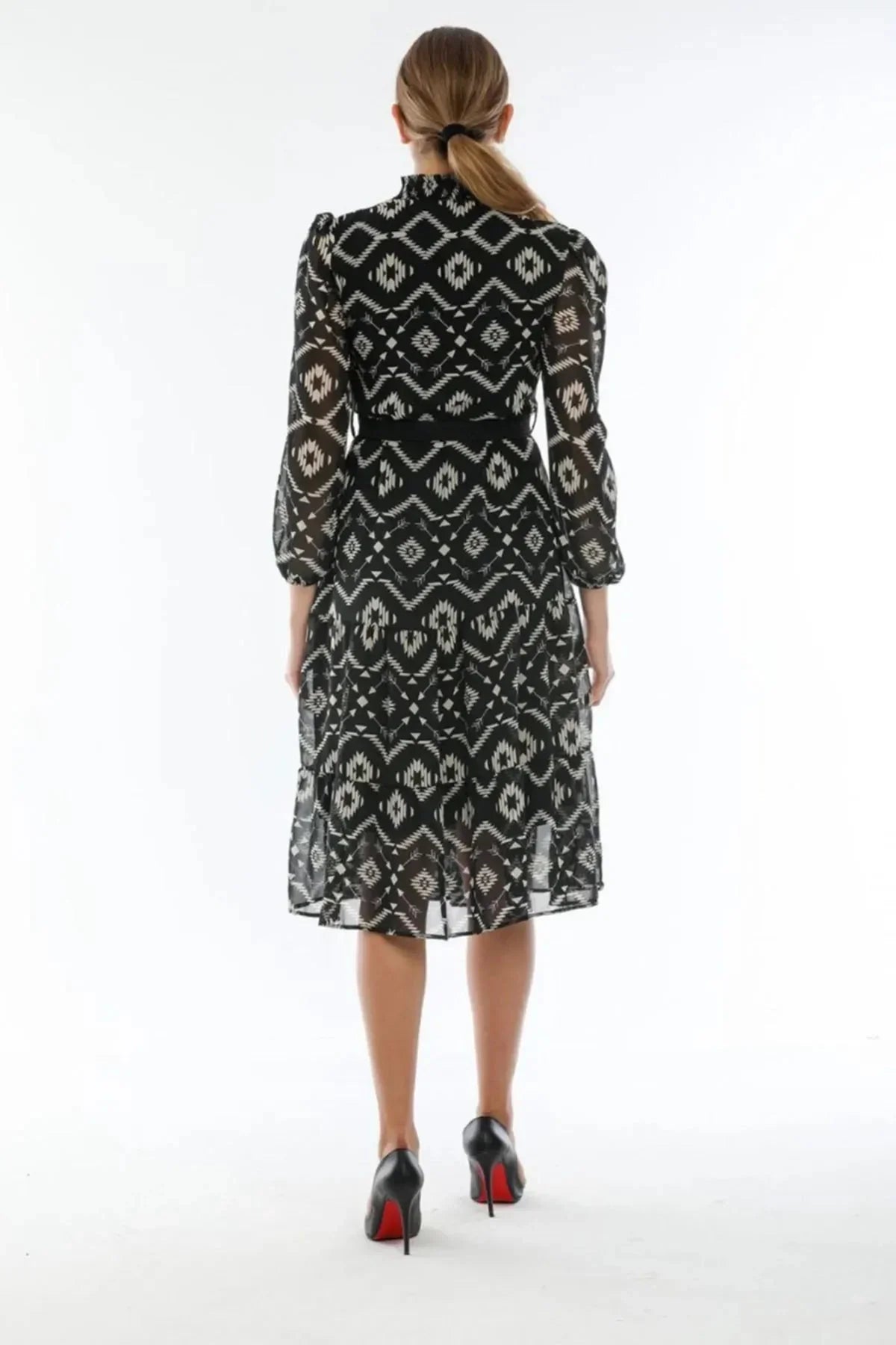 Women's Black Ethnic Print Neck Tie Belted Plus Size Chiffon Dress