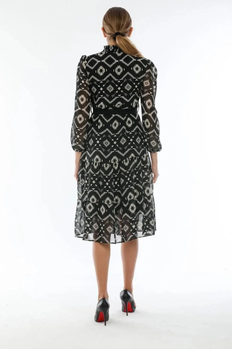 Women's Black Ethnic Print Neck Tie Belted Plus Size Chiffon Dress