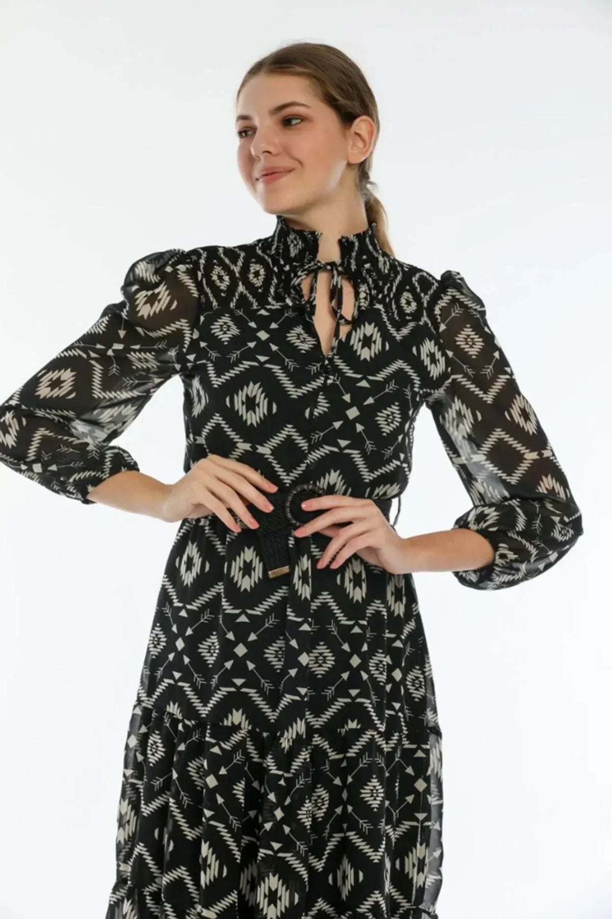 Women's Black Ethnic Print Neck Tie Belted Plus Size Chiffon Dress