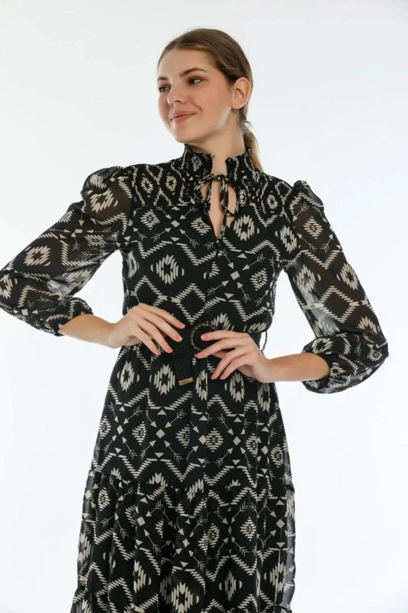 Women's Black Ethnic Print Neck Tie Belted Plus Size Chiffon Dress