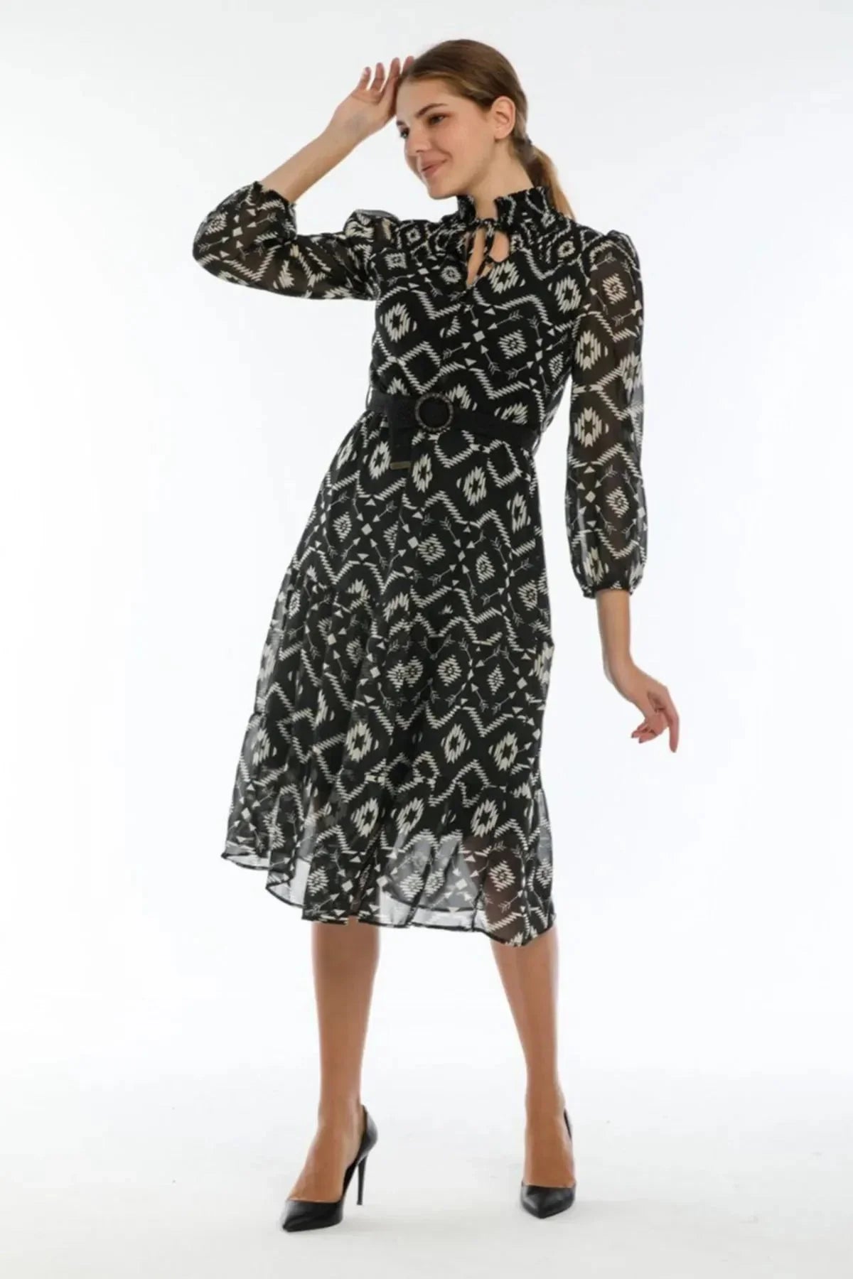 Women's Black Ethnic Print Neck Tie Belted Plus Size Chiffon Dress