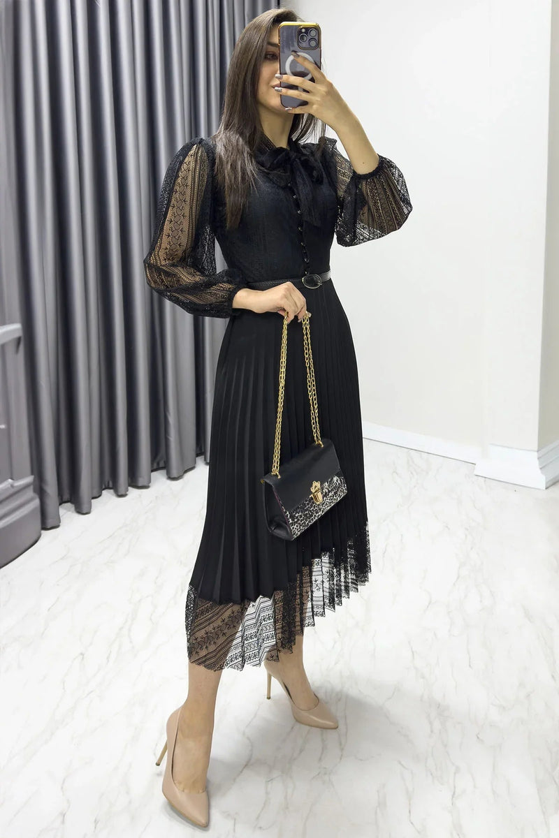 Women's Black Halter Tie Fransız Güpür Piliseli Evening Gown