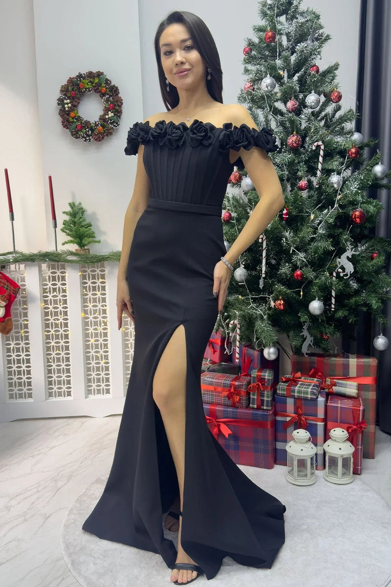 Women's Black Gül Detail Off-Shoulder Slit Mermaid Evening Gown - the ZKS
