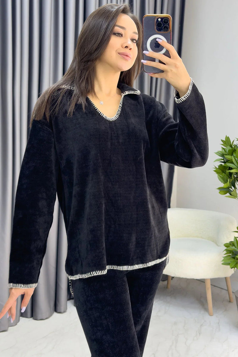 Women's Black Velvet Yumoş Two-Piece Set