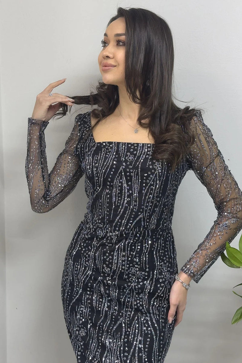 Women's Black Square Neck Silver Glitter Long Sleeve Midi Evening Gown - the ZKS