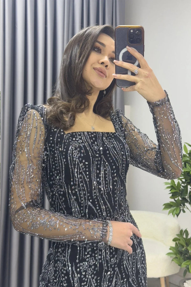 Women's Black Square Neck Silver Glitter Long Sleeve Midi Evening Gown - the ZKS