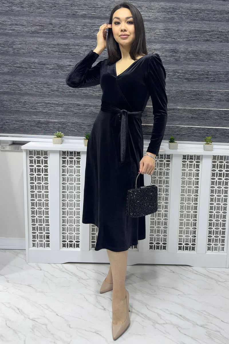 Women's Black Karpuz Sleeve Wrap Velvet Belted Plus Size Dress