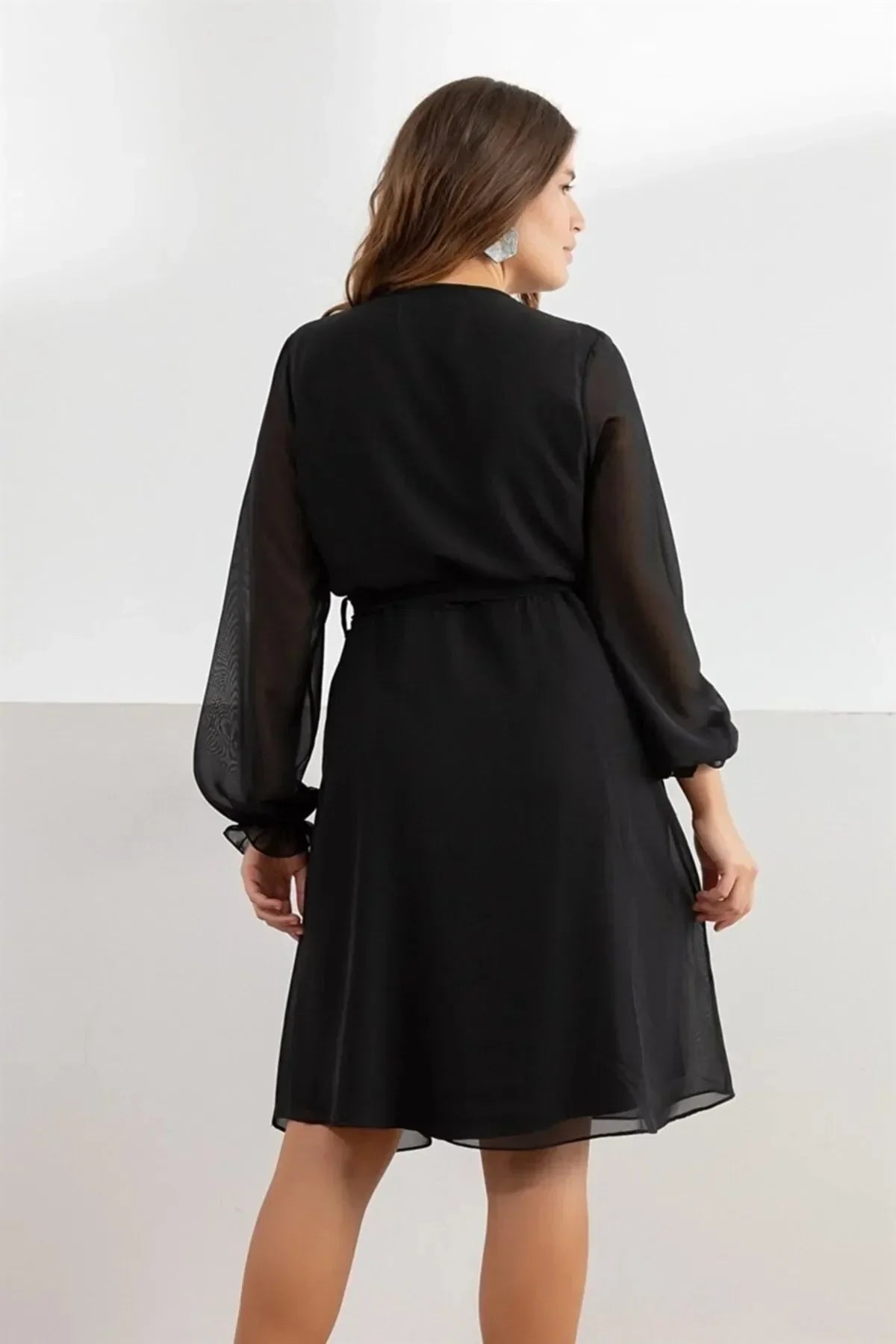 Women's Black Wrap Neck Lined Chiffon Dress