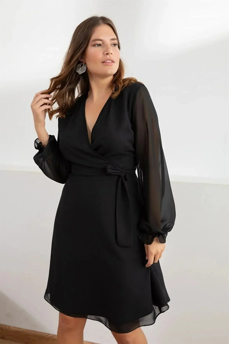 Women's Black Wrap Neck Lined Chiffon Dress
