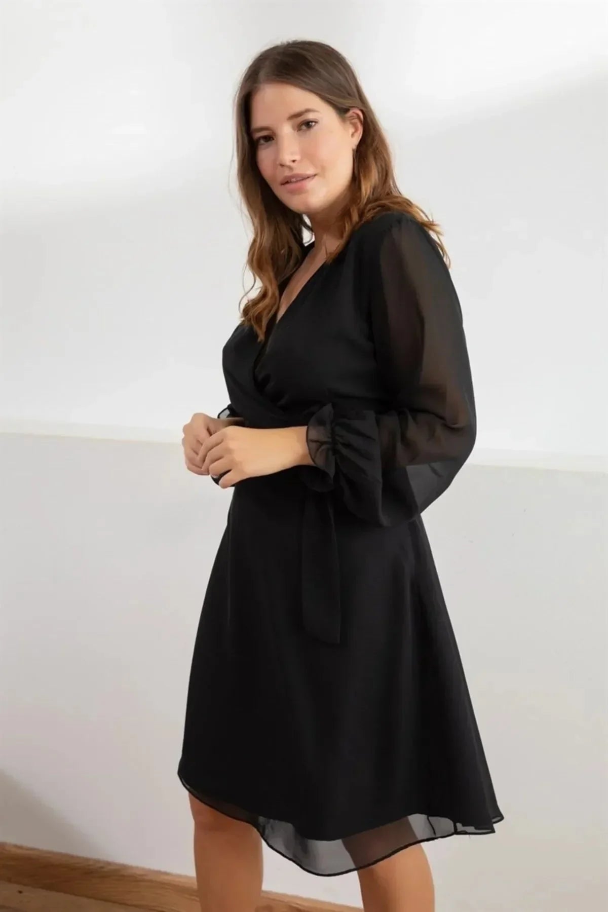 Women's Black Wrap Neck Lined Chiffon Dress