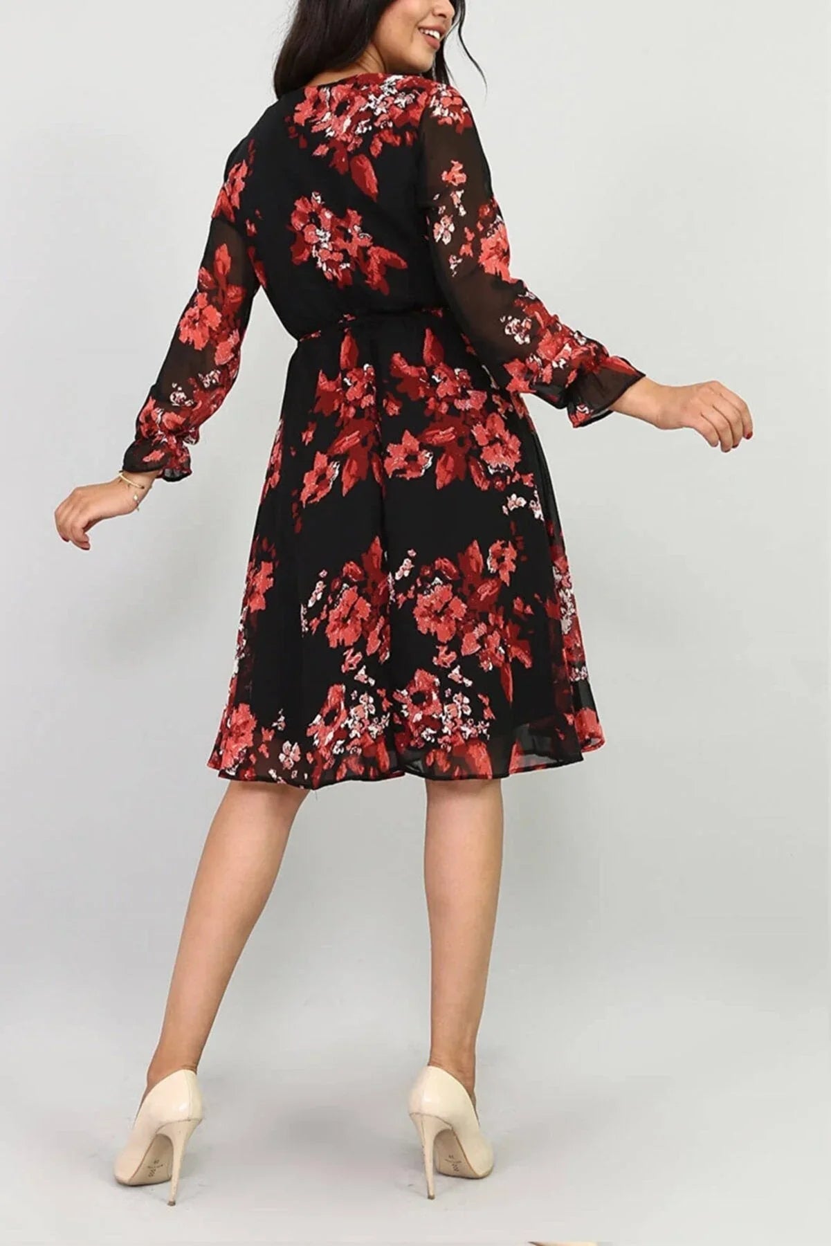 Women's Black Nar Çiçeği Wrap Neck Chiffon Plus Size Short Dress