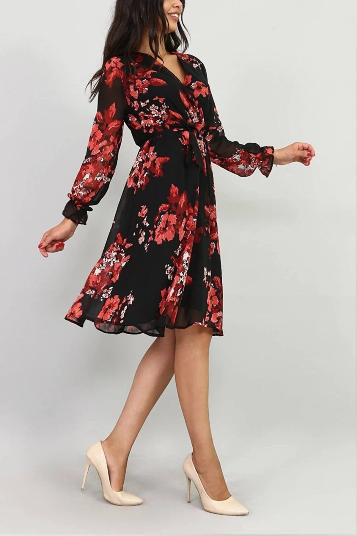 Women's Black Nar Çiçeği Wrap Neck Chiffon Plus Size Short Dress