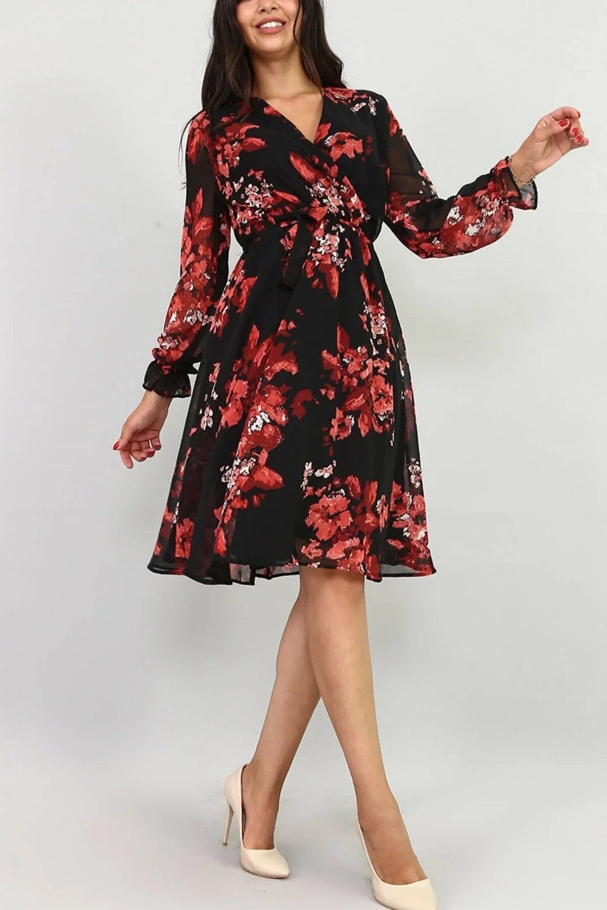 Women's Black Nar Çiçeği Wrap Neck Chiffon Plus Size Short Dress