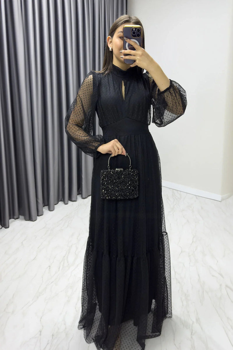 Women's Black Puantiyeli Plus Size Dress