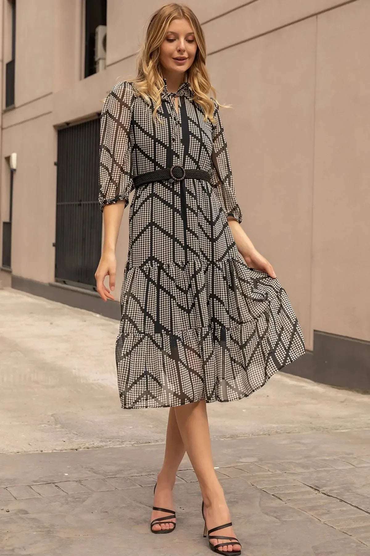 Women's Black Puantiyeli Neck Tie Belted Plus Size Chiffon Dress