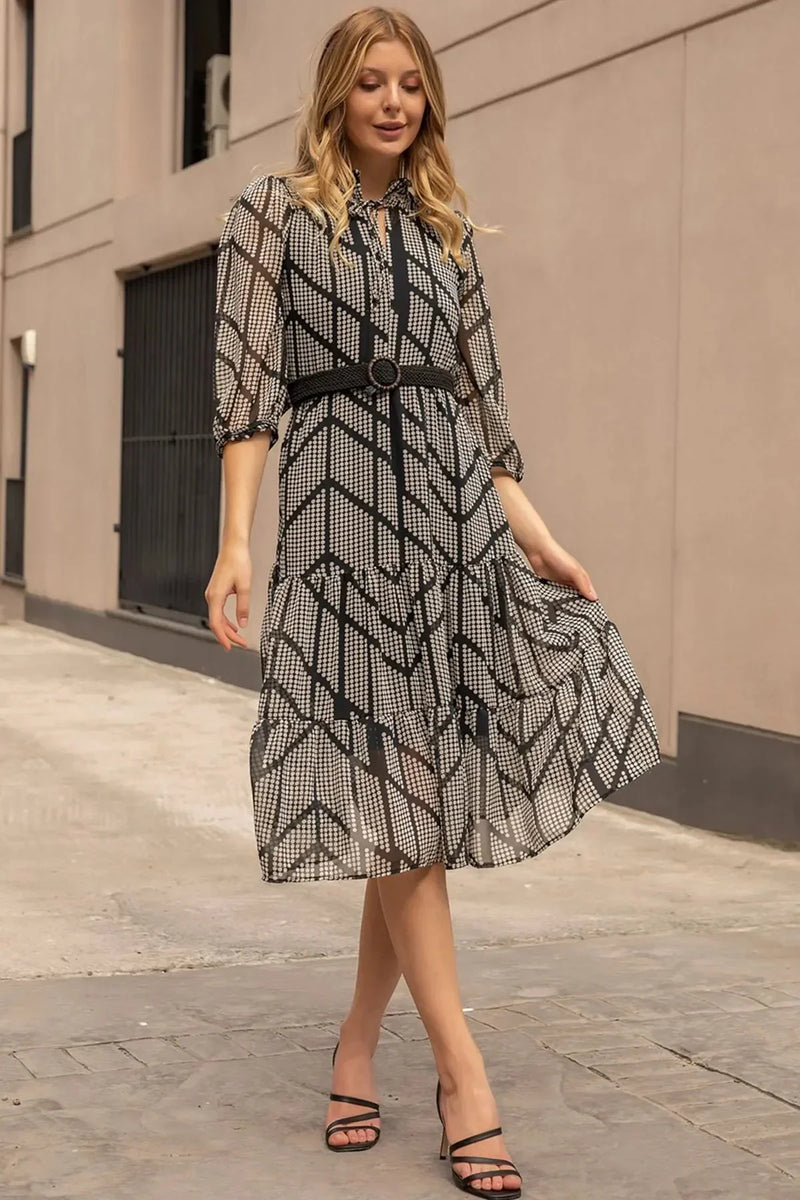 Women's Black Puantiyeli Neck Tie Belted Plus Size Chiffon Dress