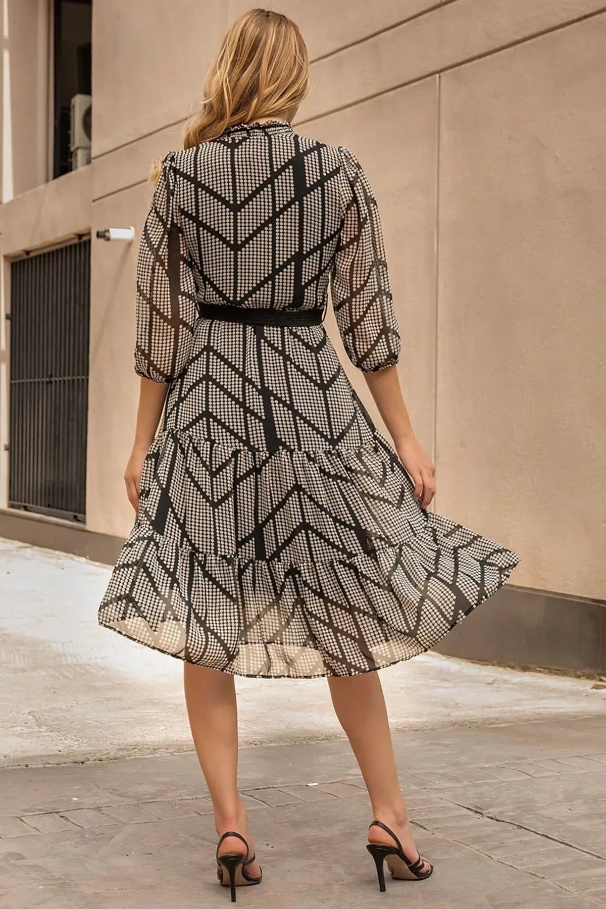 Women's Black Puantiyeli Neck Tie Belted Plus Size Chiffon Dress