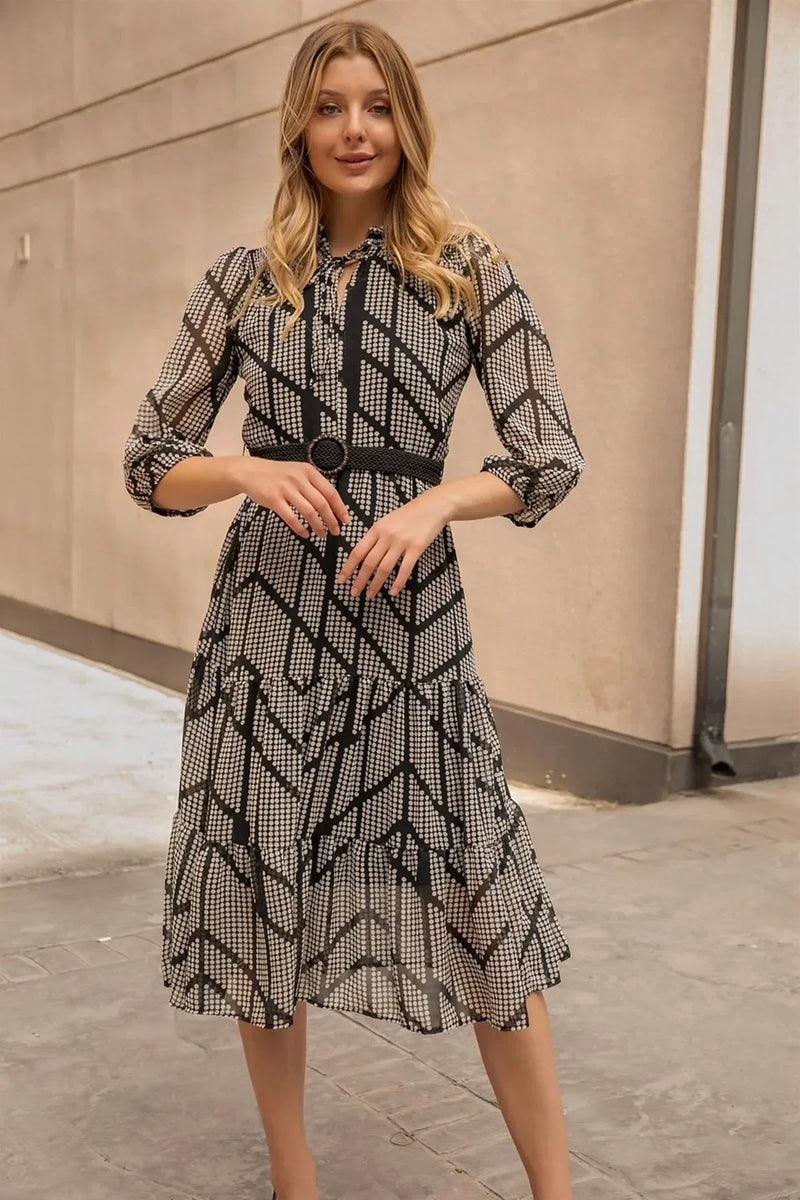 Women's Black Puantiyeli Neck Tie Belted Plus Size Chiffon Dress