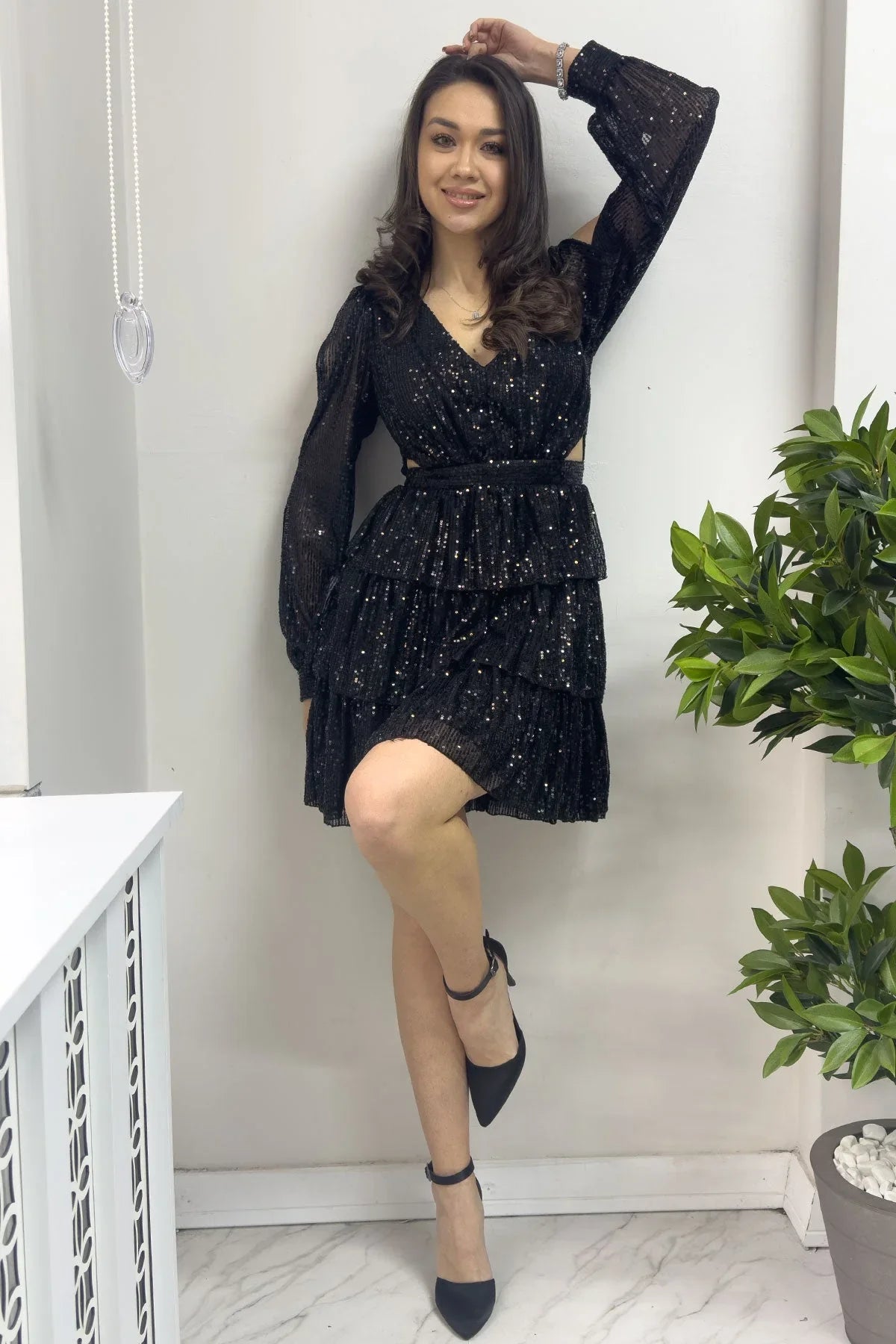 Women's Black Sequin Open Back Mini After Evening Gown - the ZKS