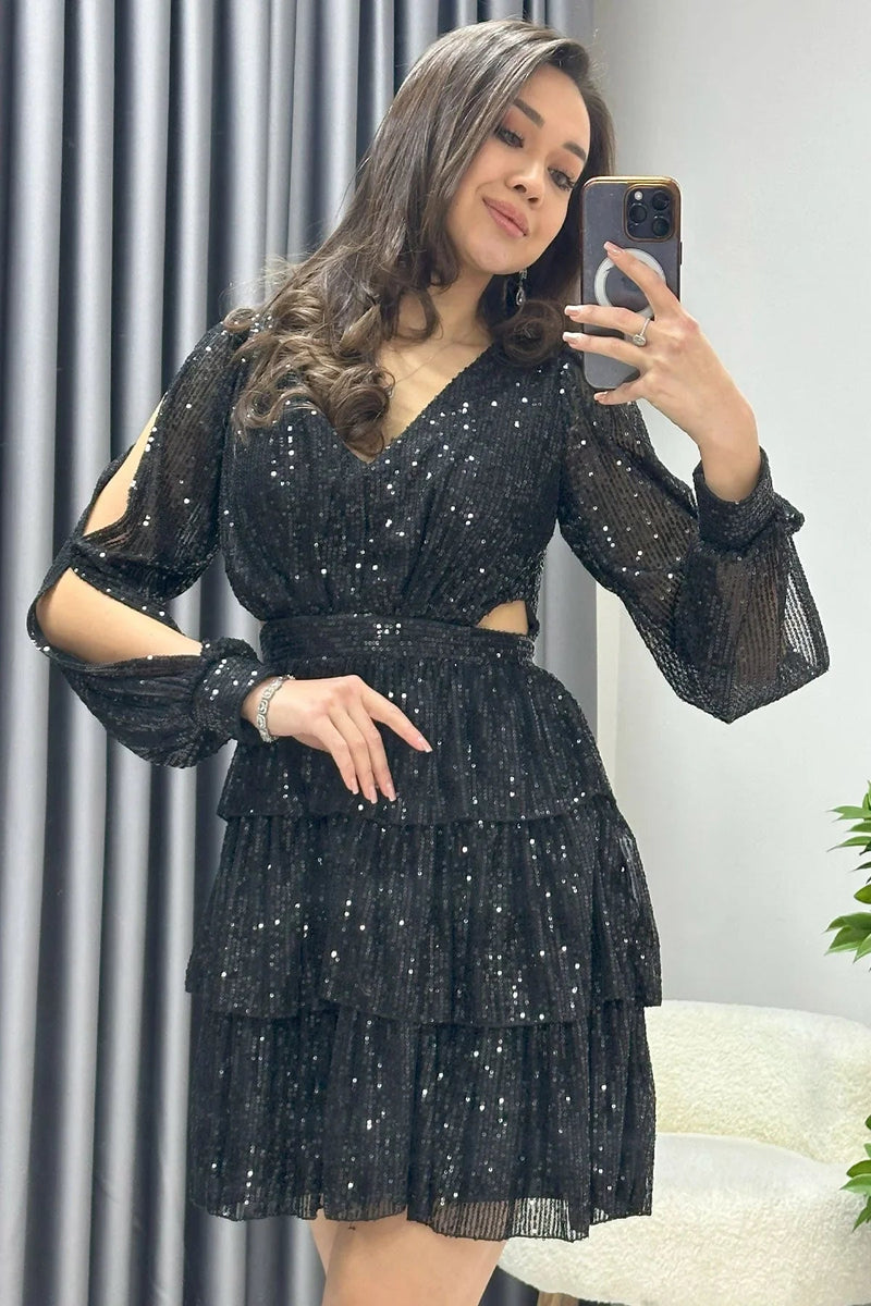 Women's Black Sequin Open Back Mini After Evening Gown - the ZKS