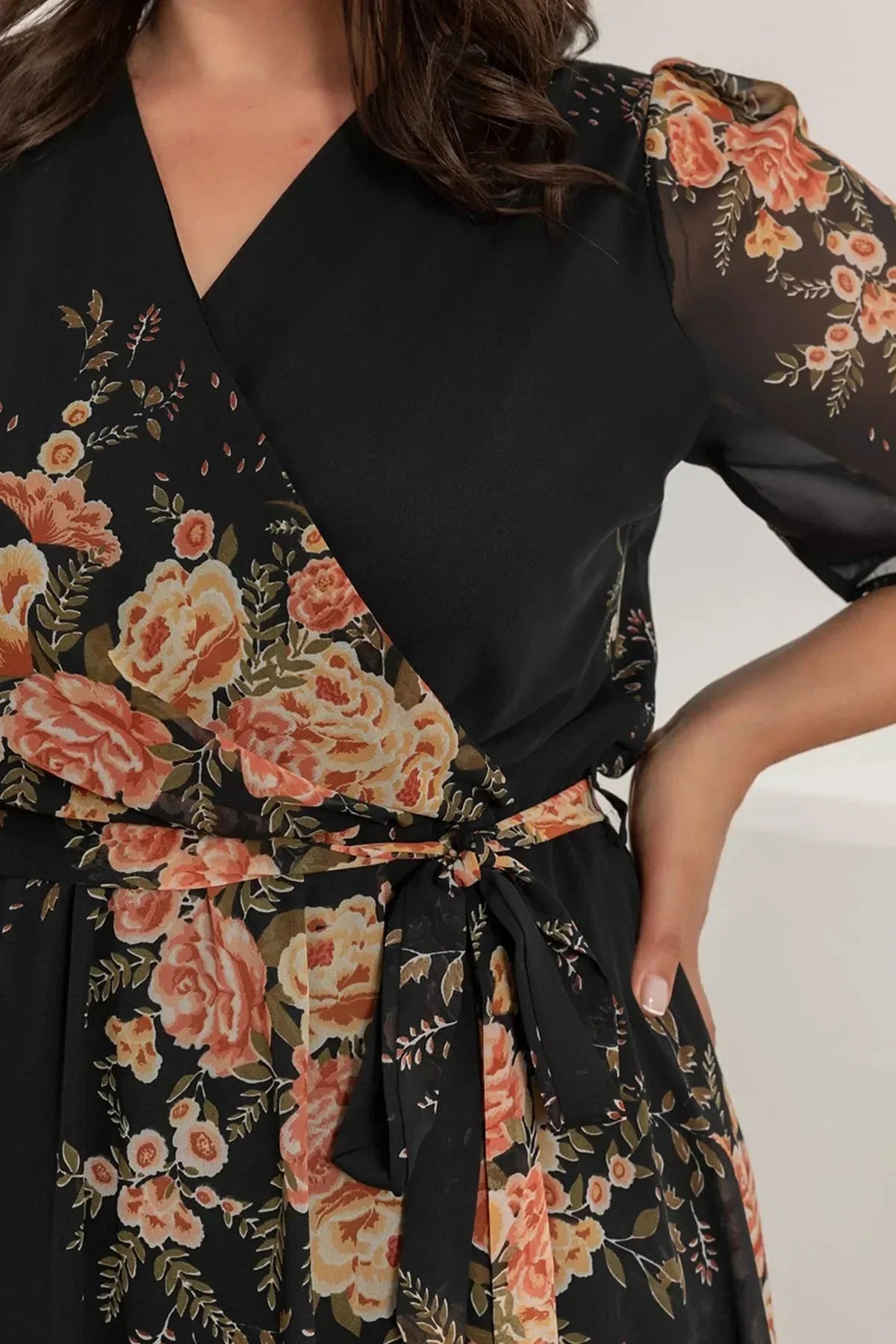 Women's Black Yellow Floral Short Sleeve Lined Plus Size Chiffon Dress