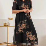 Black Short-Sleeve Midi Chiffon Dress