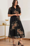 Black Short-Sleeve Midi Chiffon Dress