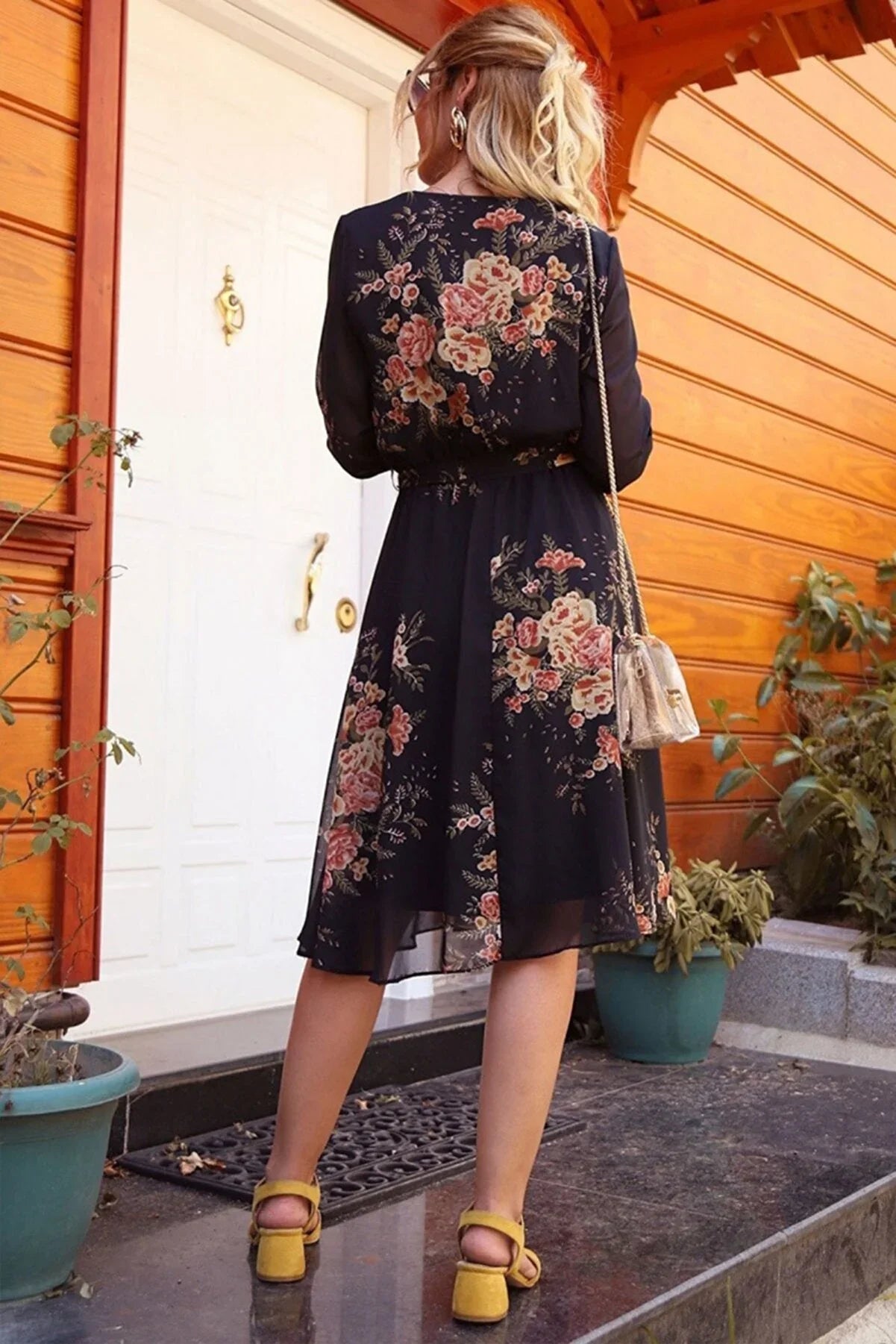 Women's Black Yellow Floral Wrap Neck Chiffon Plus Size Short Dress