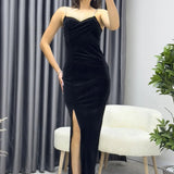 Black Stone-Strapped Maxi Velvet Evening Dress