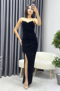 Black Stone-Strapped Maxi Velvet Evening Dress
