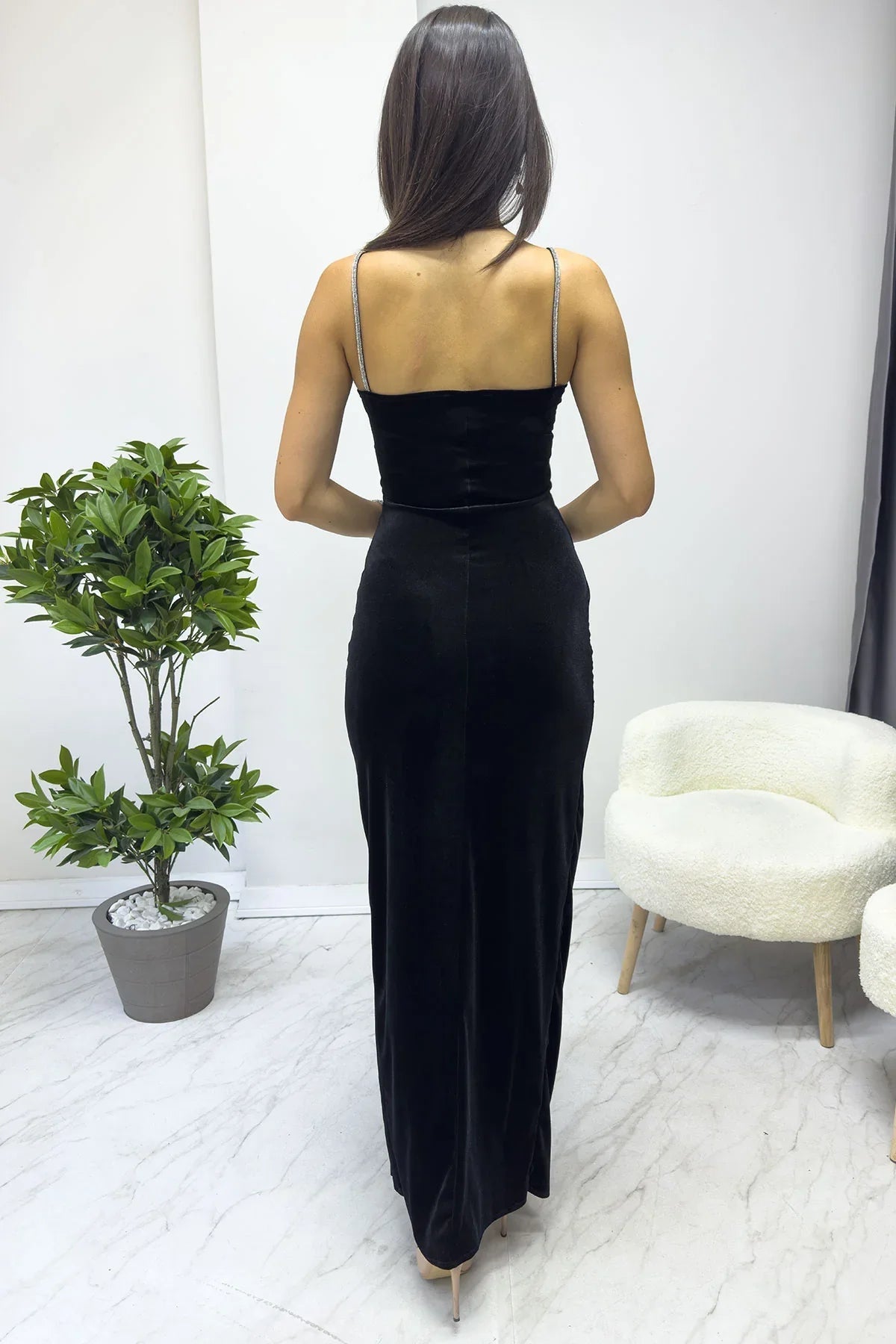 Women's Black Taş İnce Strap Slit Velvet Yeni Sezon Evening Gown