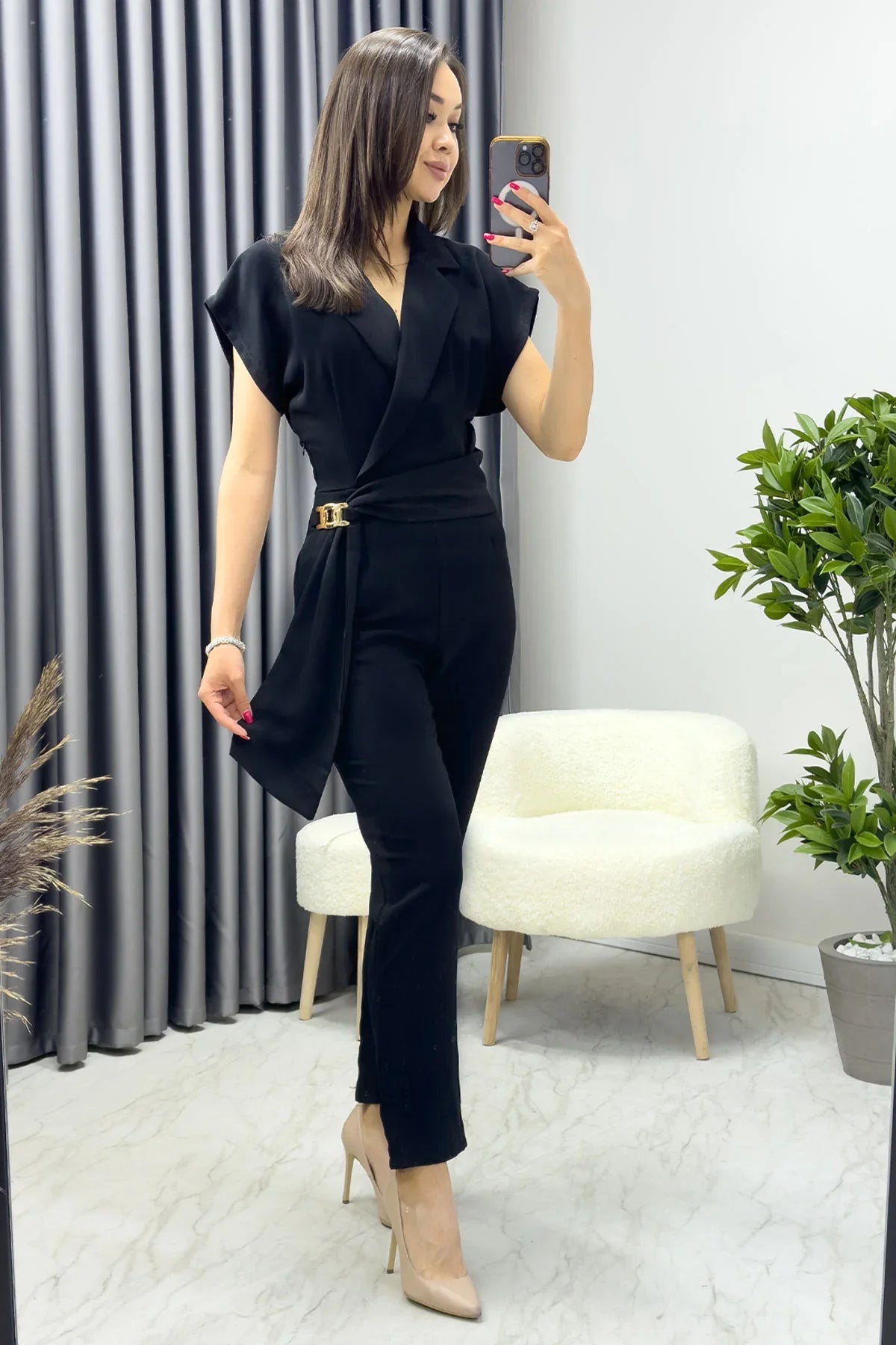 Women's Black Wrap Gold Detail Jumpsuit