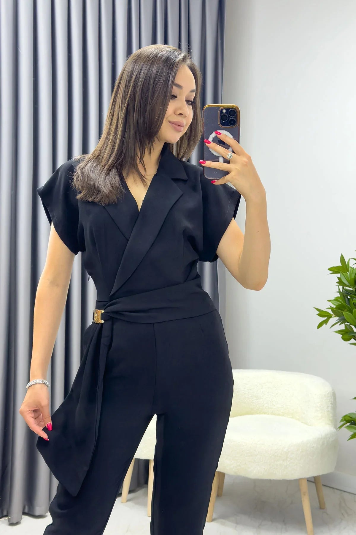 Women's Black Wrap Gold Detail Jumpsuit